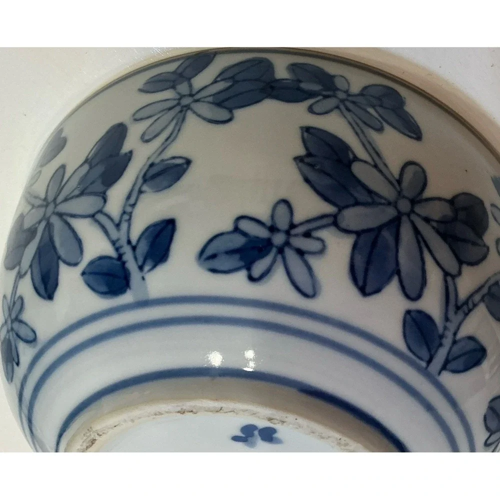 Vintage Blue Japanese Porcelain Rice Soup Bowl Blue Floral